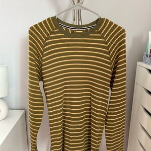 Sun + Stone Olive and Yellow Striped Crewneck Sweater